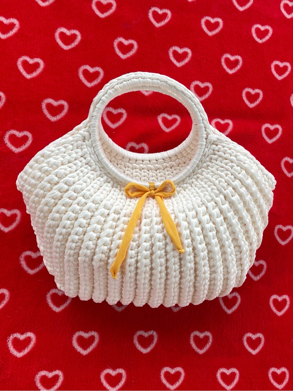 Cream Chunky Crochet Handbag with Woven Top Handles + Yellow Bow BNWOT